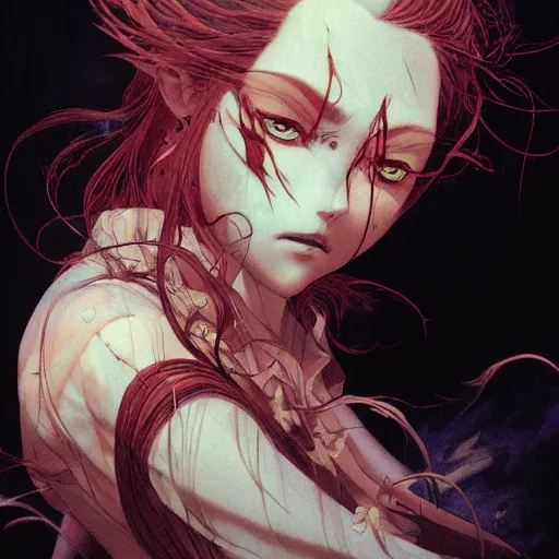 Image similar to prompt : magestic vampire portrait soft light painted by james jean and katsuhiro otomo, inspired by evangeleon anime, smooth face feature, intricate oil painting, high detail illustration, sharp high detail, manga and anime 1 9 9 0