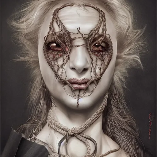 Image similar to portrait of a Shibari rope wrapped face and neck, headshot, insanely nice professional hair style, dramatic hair color, digital painting, of a old 15th century, old cyborg merchant, amber jewels, baroque, ornate clothing, scifi, realistic, hyperdetailed, chiaroscuro, concept art, art by Franz Hals and Jon Foster and Ayami Kojima and Amano and Karol Bak,