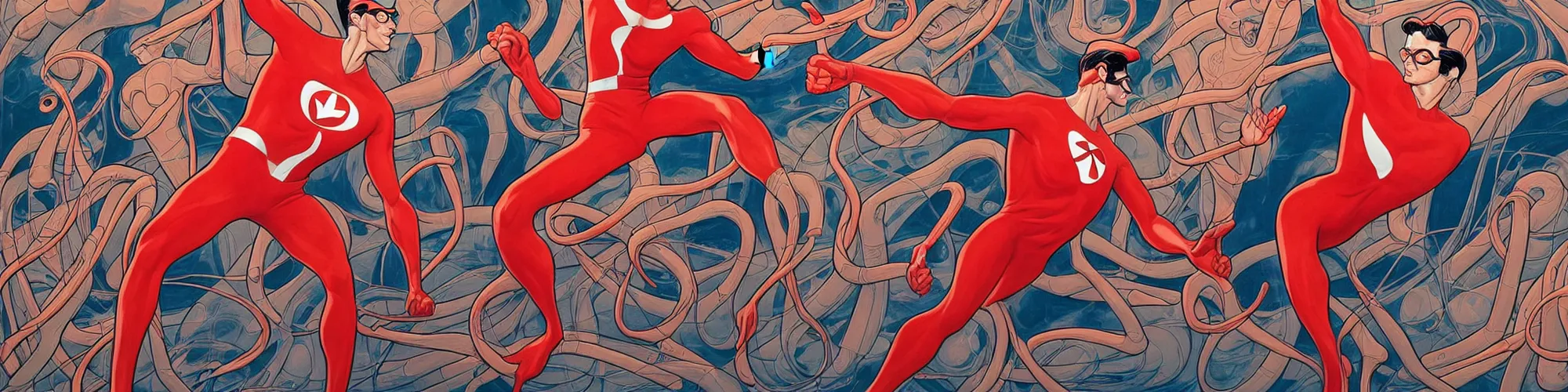 Prompt: plasticman shaking his own hands stretching his right arm across the panel re - entering the image on the left side reaching out to his own body, illustrated by james jean, twirling and twisting