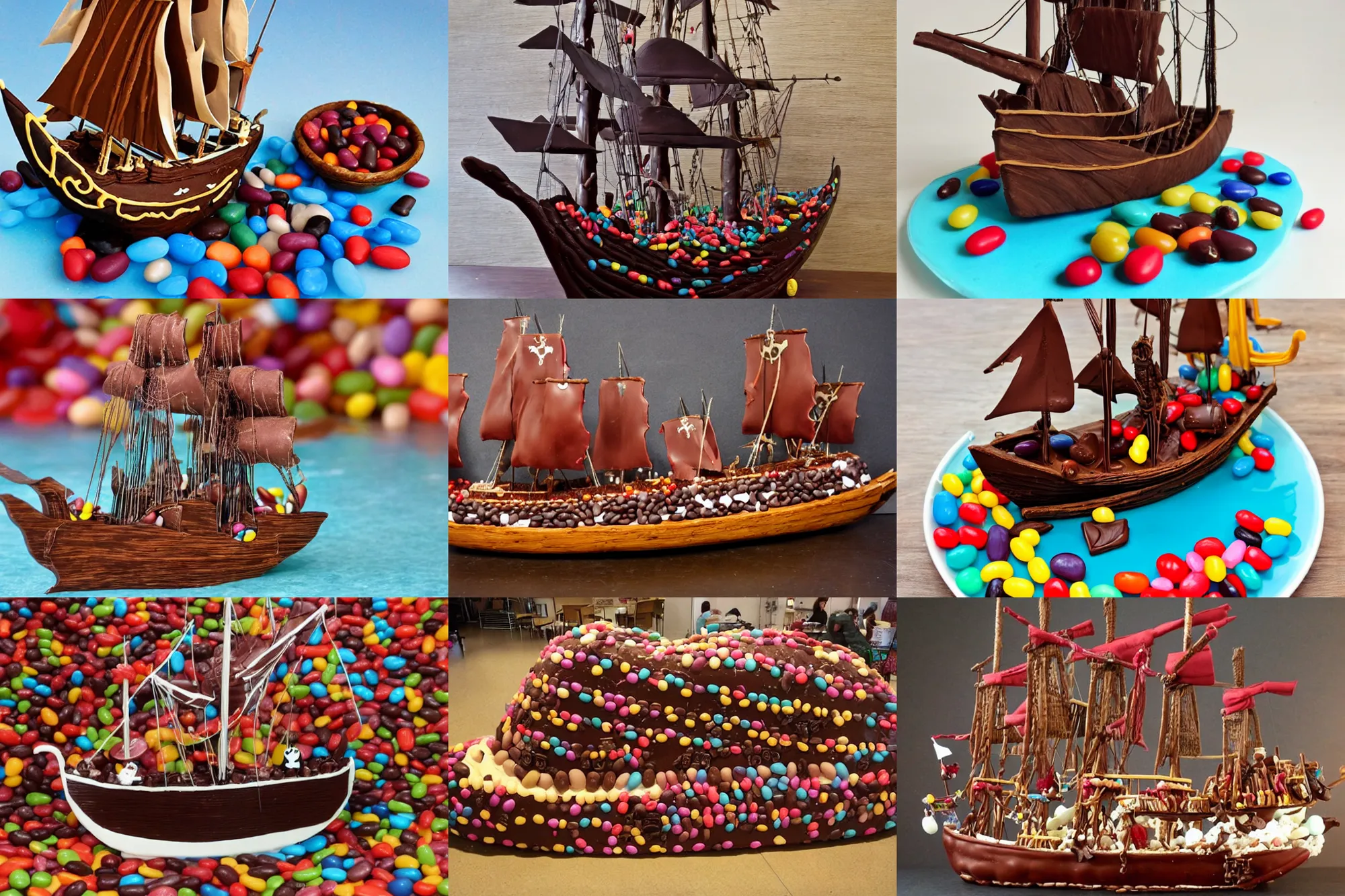 Prompt: a pirate ship made of chocolate floating on a sea of jelly beans