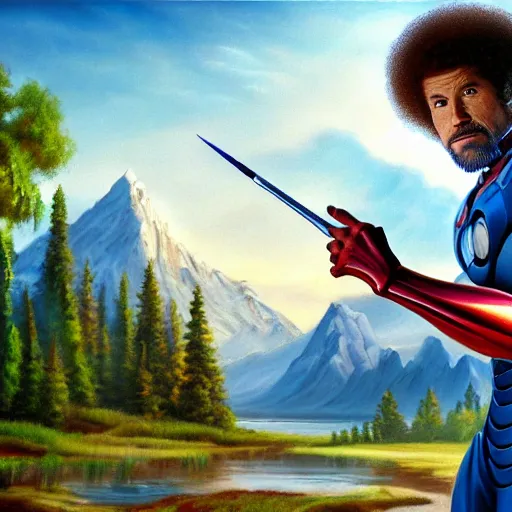 Image similar to a closeup photorealistic photograph of bob ross with a paintbrush and diligently finishing a canvas painting of iron man. mountains and trees. film still. brightly lit scene. this 4 k hd image is trending on artstation, featured on behance, well - rendered, extra crisp, features intricate detail, epic composition and the style of unreal engine.