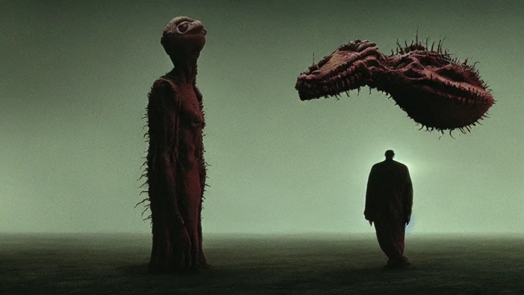 Prompt: the strange creature from my eye, film still from the movie directed by denis villeneuve and david cronenberg with art direction by salvador dali and zdzisław beksinski, wide lens