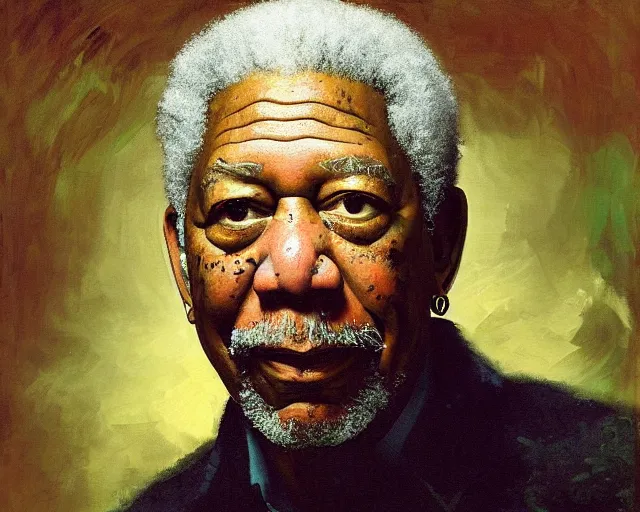 Image similar to painterly portrait, morgan freeman, impasto, fantasy, chuck close:7, carl spitzweg:7, cinematic light, full face, symmetrical face