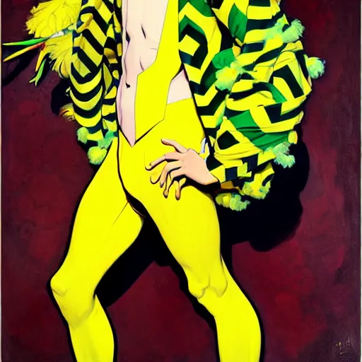 Prompt: art by joshua middleton, the yellow creeper, a tall manically smiling yellow - skinned man with green and black striped cycling shorts and wearing a long red feather boa, yellow makeup, mucha, kandinsky, poster, comic art, stylised design, red feather boa