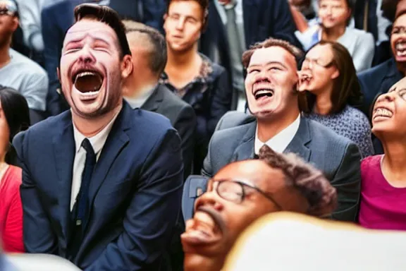 Image similar to a man laughing at a funeral while everybody else stares at him in disgust