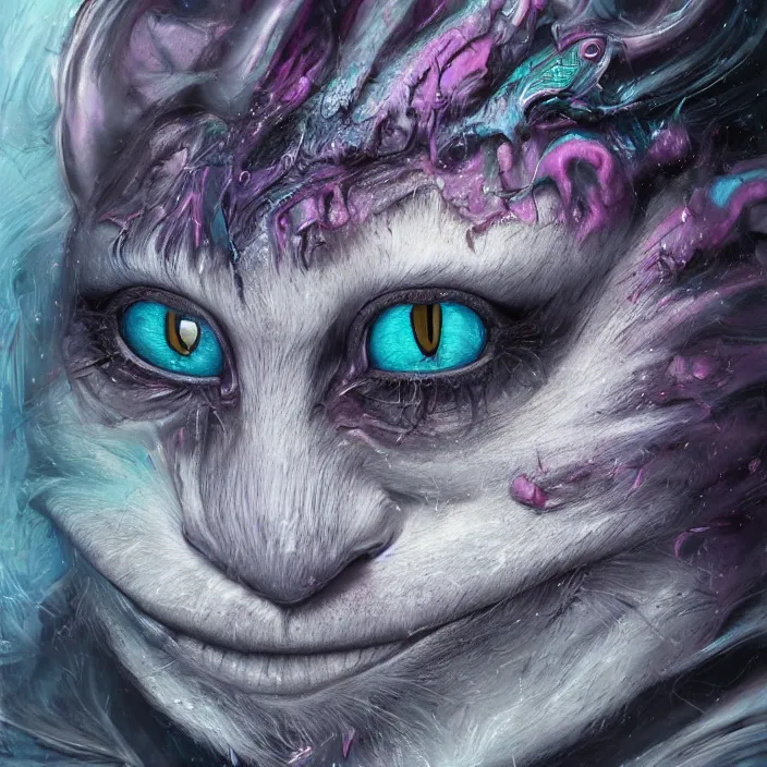 Image similar to dream portrait of Cheshire Cat from Alice in Wonderland,full character, melting ,8k,by tristan eaton,Stanley Artgermm,Tom Bagshaw,Greg Rutkowski,Carne Griffiths, Ayami Kojima, Beksinski, Giger,trending on DeviantArt,face enhance,hyper detailed,minimalist,cybernetic, android, blade runner,full of colour