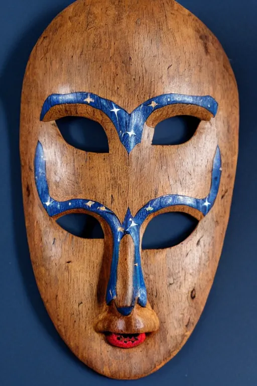 Prompt: a flat carved wooden elf mask face, staring real goat eyes, outer glow, dark blue background with stars shapes vividly coloured, highly detailed, vintage european folk art, colour photograph