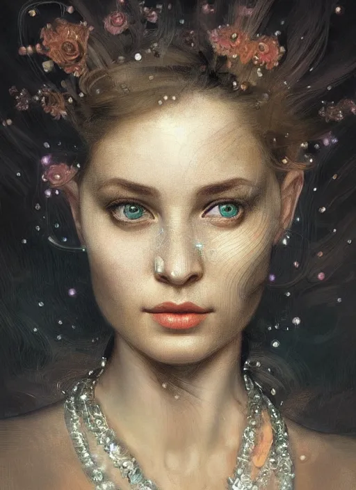 Image similar to a highly detailed photo of very intricate female face portrait, futurism, rococo cyber neon lighting, detailed futuristic fibonacci jewelry, profile posing, hyper photorealistic, trending in pinterest, cinematic, 4 k ultra hd, by denis villeneuve tom anders zorn hans dragan bibin thoma greg rutkowski ismail inceoglu illustrated sand storm alphonse mucha