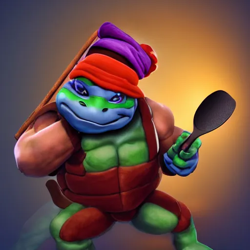 Image similar to michelangelo from tmnt with frying pan, wearing cooking toque, frying nails, volumetric lighting, realistic, photo, artstation