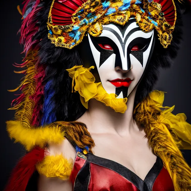 Prompt: full shot photo of a beautiful!! harlequin warrior with venetian mask highly detailed 8 k hdr smooth sharp focus high resolution award - winning photo photorealistic