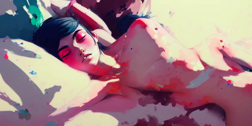 Image similar to a ultradetailed painting of a stylish girl waking up, she is wearing a tank top by conrad roset, greg rutkowski and makoto shinkai trending on artstation