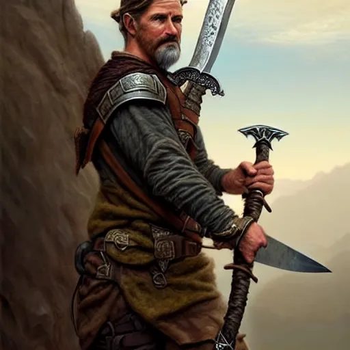 Image similar to middle age ranger with rugged expressions falcon pet on his shoulder holding a long sword, top a cliff observing old ruins of a castle, elegant clothing, photorealistic render, matte painting, highly detailed, artstation, smooth, sharp focus, art by michael whelan, artgerm, greg rutkowski gsociety, trending on artstation, rare ltd