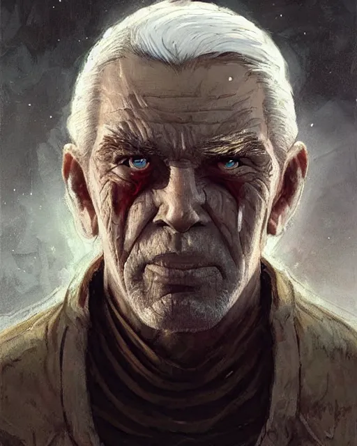 Image similar to old shaved man with white hair with a big scar on his blind left eye, very masculine, square jaw, hard edges, wrath, muscles, ethereal, science fiction, supervilain, fantasy art by greg rutkowski and magali villeneuve and claude monet