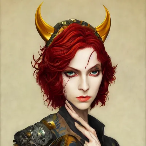 Image similar to a beautiful and androgynous half - elf with almond skin tone and messy short red hair and catlike features with yellow eyes with slit pupils, dressed in a jodhpuri suit, dnd character, golden aura, realistic portrait by ross tran and gerald brom and kehinde wiley and fernando amorsolo, trending on artstation