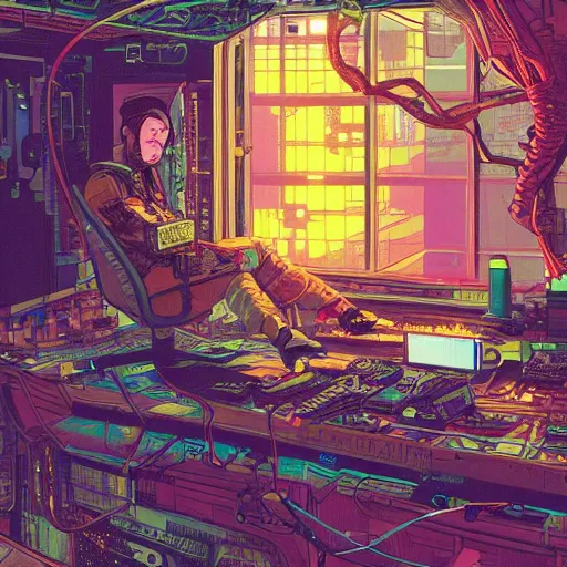 Image similar to Stunningly intricate illustration of a cyberpunk explorer playing video games in his treehouse, highly detailed, midnight, by Victo Ngai and James Gilleard , Moebius, Laurie Greasley