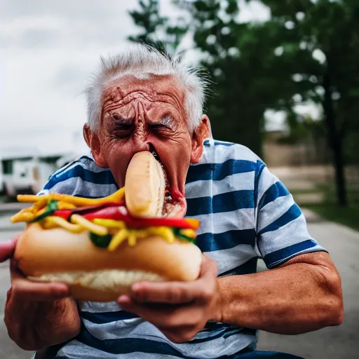 Image similar to portrait of an elderly man with a mullet haircut screaming at a hotdog, 🌭, canon eos r 3, f / 1. 4, iso 2 0 0, 1 / 1 6 0 s, 8 k, raw, unedited, symmetrical balance, wide angle