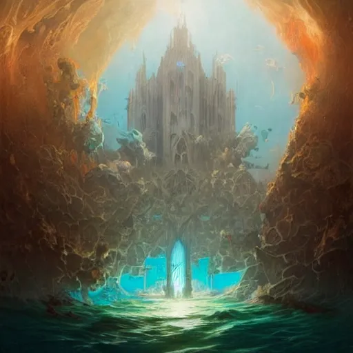 Prompt: a sunken gothic cathedral in the bottom of the ocean, rays of god, dramatic, epic, peter mohrbacher