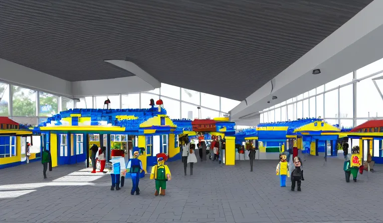 Image similar to Legoland train station interior platform, architectural render