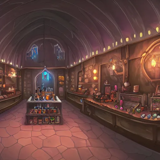 Image similar to inside a magical item shop, fantasy potion vendor interior, ufotable studio art style, wide angle, gothic interior