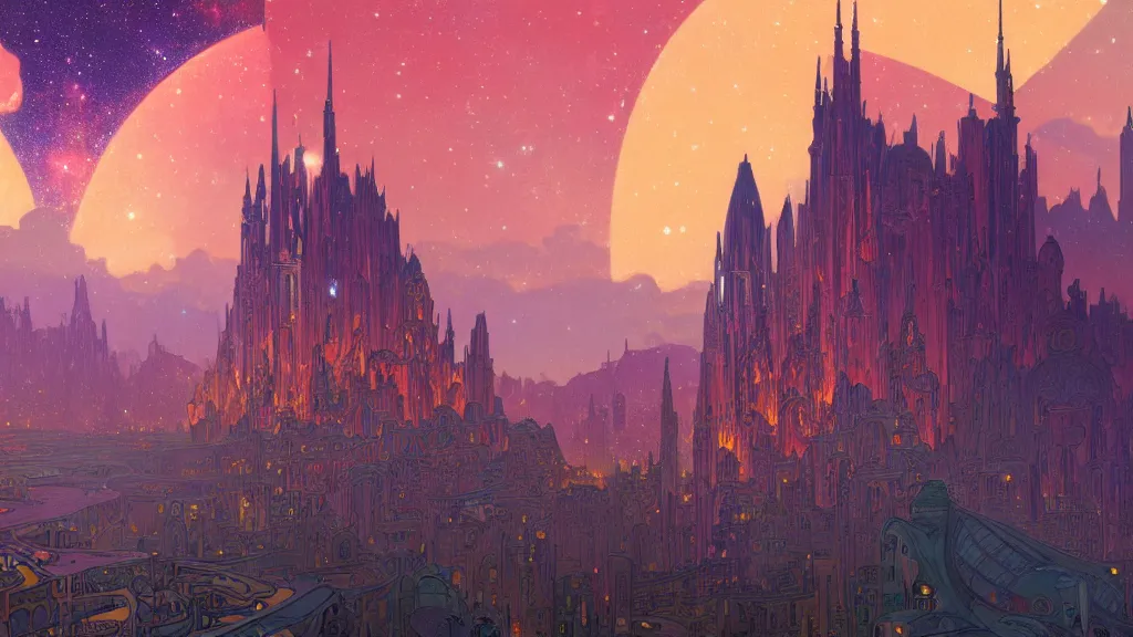 Prompt: a beautiful highly detailed matte painting of colorful castle nebulas by moebius, alphonse mucha, stars in the background, close - up, highly detailed, intricate design, 8 k resolution, octane render, trending on artstation and cgsociety