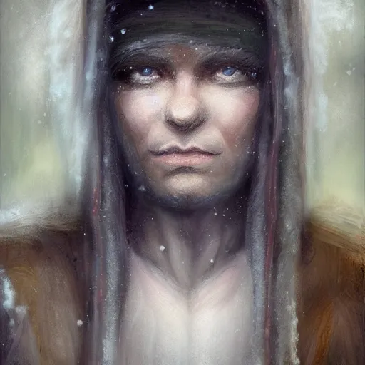 Prompt: ‘ icewind dale ’ themed ‘ icewind dale 2 ’ portrait by ‘ justin sweet ’, falling snow, soft focus, oil paint,