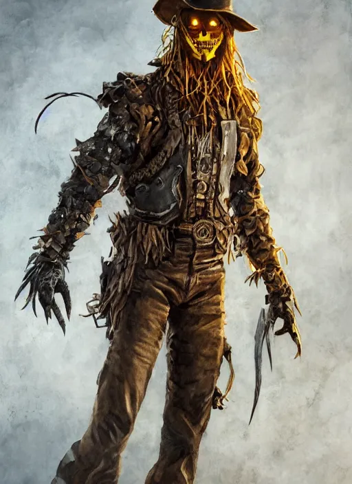 Image similar to powerful male scarecrow, willem dafoe as scarecrow, full body character concept, covered in full metal armor, art nouveau, super powers, fantasy, intricate, elegant, highly detailed, digital painting, artstation, concept art, shining, sharp focus, illustration, art by stanley lau