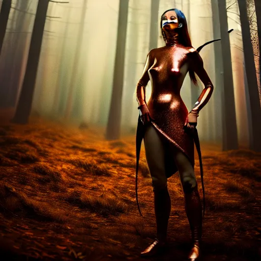 Image similar to highly detailed, ultra realistic, cinematic, woman full body with a copper nose and copper claws, high detail, 8 k, sharp focus, movie still, dramatic lighting, ray tracing, smooth, a female evil demonic character of kazakh mythology, jeztyrnak, standing in the night forrest