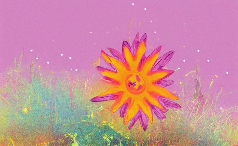 Image similar to one single stand alone huge hyperdetailed minimalist flower, seen from the long distance. by the sea. maximalist unexpected elements. free sky in plain natural warm tones. 8 x 1 6 k hd mixed media 3 d collage in the style of a childrenbook illustration in pastel tones. matte matte background. no frame hd