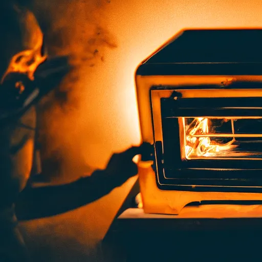 Image similar to cyborg with toaster oven for torso, dark messy smoke - filled cluttered workshop, dark, dramatic lighting, orange tint, sparks, cinematic, highly detailed, sci - fi, futuristic, movie still