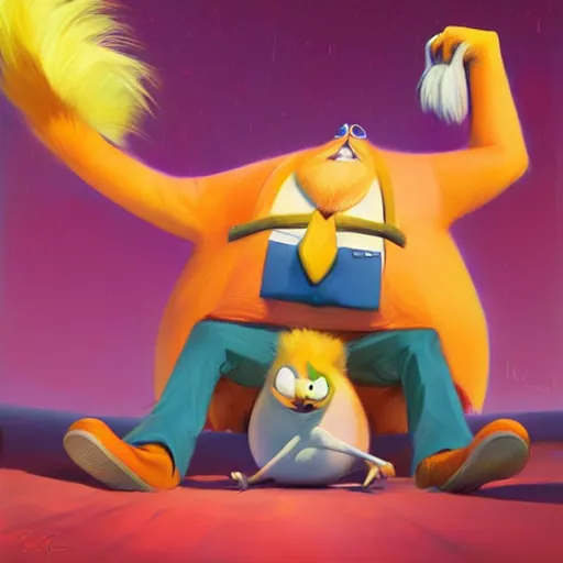 Prompt: the lorax laying on the ground helplessly clutching, the shirt of doctor eggman from sonic the hedgehog. by rhads, lois van baarle, jean - baptiste monge.