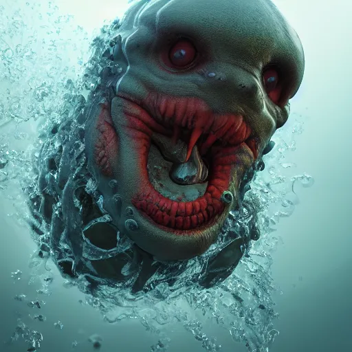 Image similar to a creepy monster blob, slimy tongue, saliva, translucent skin, standing in shallow water, covered in seaweed, drowned, unsettling, creepy, artstation, cgsociety, insanely detailed octane render, 8k artistic photography, photorealistic