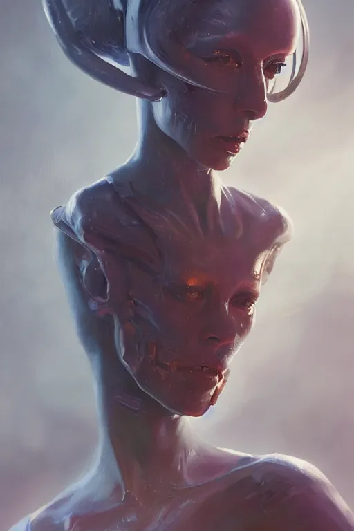 Image similar to a fancy portrait of an alien women by Greg Rutkowski, Sung Choi, Mitchell Mohrhauser, Maciej Kuciara, Johnson Ting, Maxim Verehin, Peter Konig, final fantasy , 8k photorealistic, cinematic lighting, HD, high details, atmospheric , trending on artstation