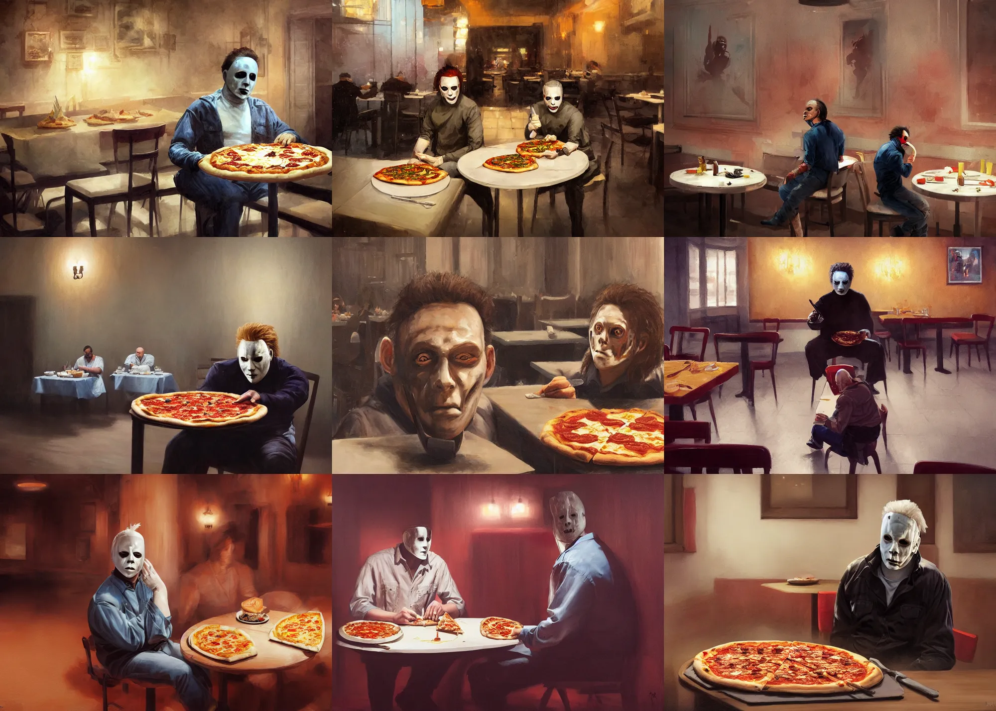 Prompt: painting of Michael Myers seated in a good restaurant eating a delicious pizza, well decorated, tables, happy, charming, typical, picturesque, sharp focus, wide shot, trending on ArtStation, masterpiece, by Greg Rutkowski, by Ross Tran, by Fenghua Zhong, octane, soft render, oil on canvas, colorful, cinematic, environmental concept art