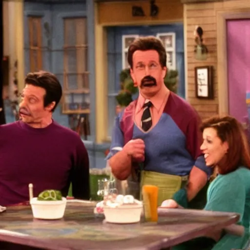 Prompt: Still image of a hyper-realistic muscular Ned Flanders as a guest star on Friends (1997), cinematic, 8k