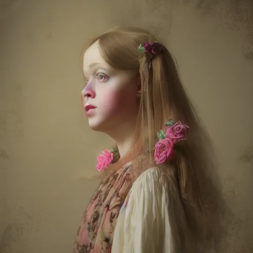 Image similar to 8 k, octane render, realism, tonalism, renaissance, rococo, baroque, cotton candy, portrait of a creepy young lady wearing long 1 9 7 0 s babydoll dress with flowers and skulls