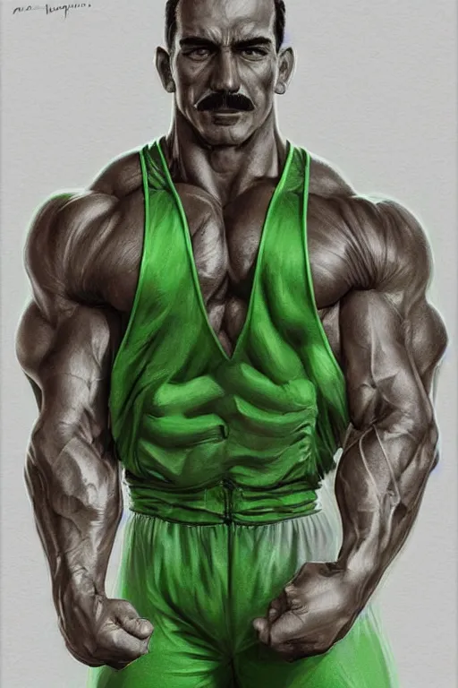 Image similar to muscular luigi wearing a green jumpsuit by ilya kuvshinov, bodybuilder ernest khalimov, super mario bros symmetrical face concept art, hyper realistic, intricate, elegent, highly detailed, digital painting, concept art, smooth, sharp, focus, illustration, art by artgerm and greg rutkowski and alphonse mucha, artstation