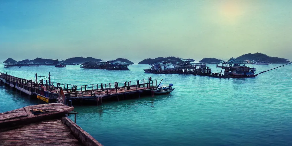 Image similar to pulau indah jetty, boat in foreground, near a fishing town, early morning, detailed matte painting, low angle view, telephoto lens, bokeh, studio ghibli, artstation