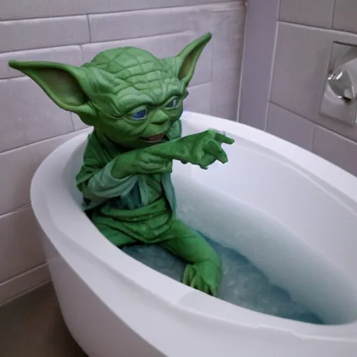 Prompt: sad yoda in bathtub