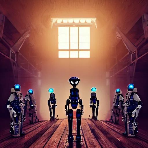 Prompt: cybernetic robots emerging through an interdimensional portal in a rustic mid-western barn, futuristic, realism, octane, 4k