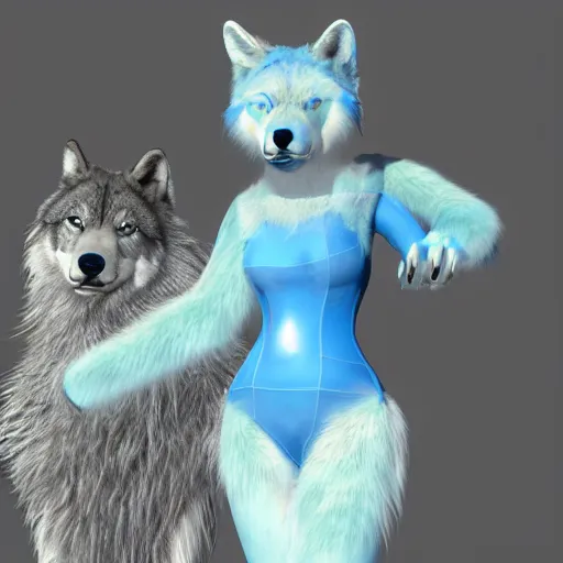 Prompt: 3 d render, well toned, large and tall, female anthropomorphic wolf with a short muzzle, blue scales and fur with white spots and wings on her back, icey blue dress, furr covering her chest.