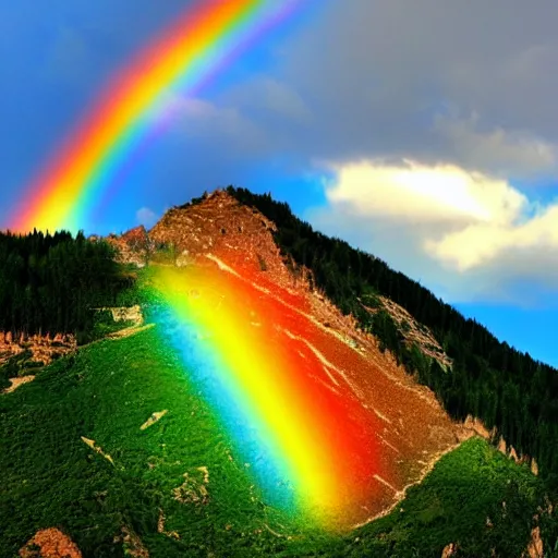 Image similar to a mountain portrait with in the sky a rainbow