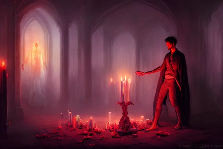 Image similar to Character concept art of Pretty guy male necromancer bringing dead to alive, casting dark magic spell. Castle room, lots of candles, barely lit warm violet red light, many transparent souls comes through the floor By greg rutkowski, tom bagshaw, beksinski