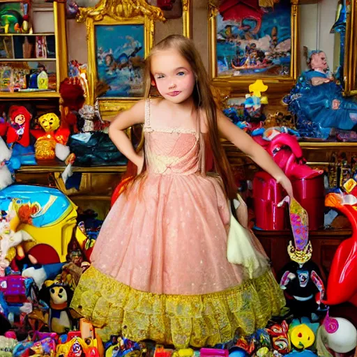 Image similar to young lady in baroque dresses, standing in the middle of the room full of toys. Keith Giffen