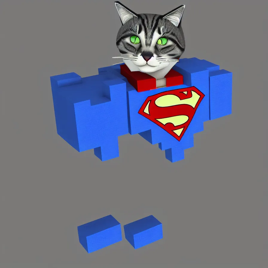 Prompt: cat - superman, hyperrealism, no blur, 4 k resolution, ultra detailed, style of minecraft