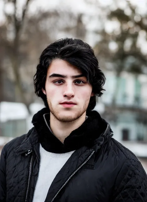 Prompt: a personal close up portrait of a 2 1 year old man from switzerland, his hair is black and long, his eyes are green, his face is symmetric and friendly, he's proud to be where he is in life, black jacket, ambient light, beautiful composition, magazine photography, full frame, 5 0 mm, f 1. 8
