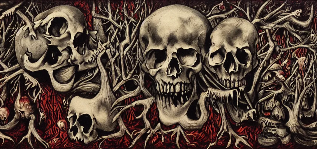 Image similar to A horror painting of a dark fantasy forest, skulls, bones, pain, agony, sorrow