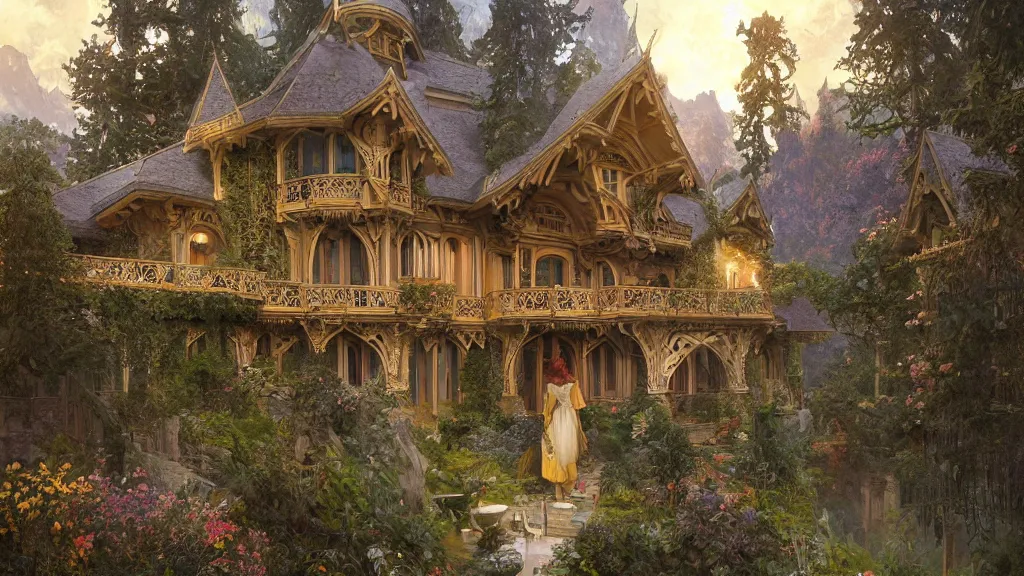 Image similar to a beautiful painting of art nouveau swiss chalet elven rivendell at sunrise, with an elven girl looking out from her balcony, intricate, elegant, highly detailed, digital painting, artstation, concept art, by krenz cushart and artem demura and alphonse mucha