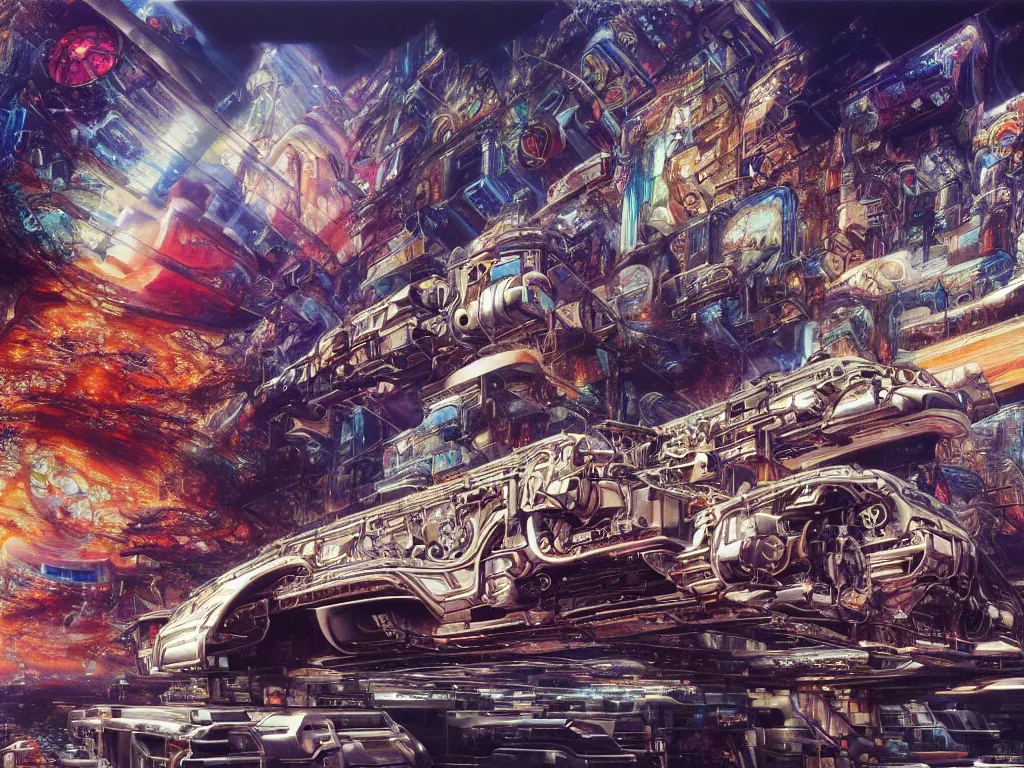 Prompt: hyperrealistic painting of a slice of life from a futuristic city, mechanical designs, futuristic vehicles, technological, vivid color, elegant, meticulous, cinematic, cyberpunk style, highly detailed, realism, intricate, acrylic on canvas, 8 k resolution, concept art, by noriyoshi ohrai, gustave moreau, moebius