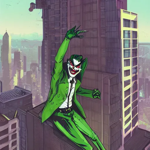 Prompt: fantasy art of a Joker Venom on a skyscraper, digital art, trending on artstation by Sachin Teng