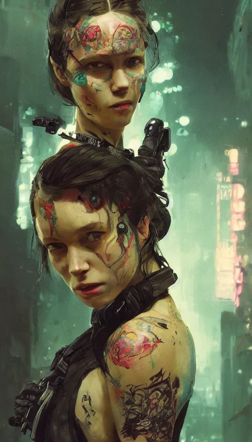 Image similar to altered carbon, detailed portrait young gangster girl, ( ( neon tattoes ) ), styled hair, decorated traditional ornaments by carl spitzweg, ismail inceoglu, vdragan bibin, hans thoma, greg rutkowski, alexandros pyromallis, perfect face, fine details, realistic shaded